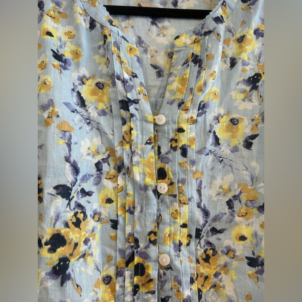 J. Jill love linen floral 100% linen blouse top Size L blue Yellow Roll Tab - Picture 8 of 11